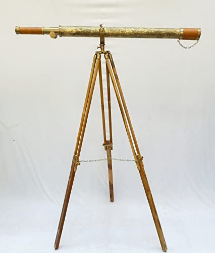 Vinatge Solid Antique Brass Marine Navy Telescope Texture Leather Sheathed Tube Floor Standing Wooden Tripod Handcrafted Spyglass Home Office Décor 64''