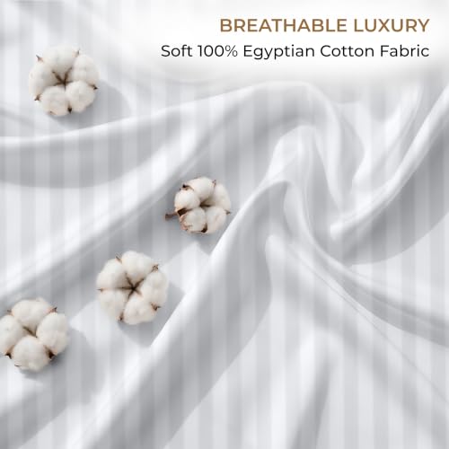 Image of SGI bedding 100% Egyptian Cotton Sheets Full XL Size - 600 Thread Count Sheets Set, Soft, Cooling, 15 inch Deep Pocket, Luxury Hotel Bedding, Breathable, Durable - White Stripe