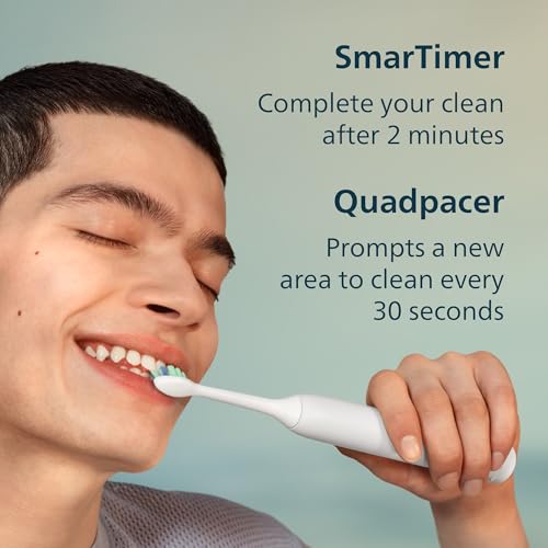 Philips Sonicare 4100 Rechargeable Electric Toothbrush, with Pressure Sensor, 2 Intensity Settings, SmarTimer and QuadPacer, 14-Day Battery Life, White, Model HX368123.