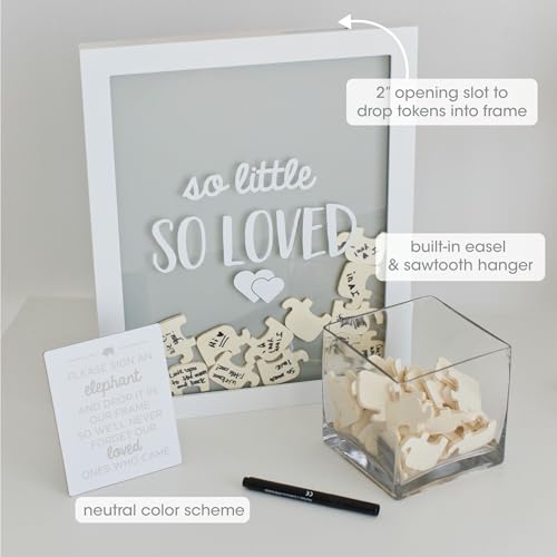 Image of Pearhead So Little So Loved Wooden Elephant Token Frame, Baby Shower Signature Guest Book Alternative with 65 Wooden Tokens, Gender-Neutral Nursery Keepsake Decor, Gray and White