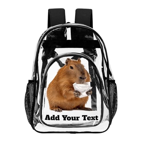 MoBlinko Personalized Clear Backpack Heavy Duty PVC Capybara Eat Homework Custom Name Large Transparent Backpack Bag