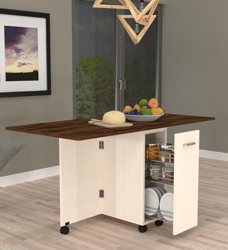 Image of SPECIALITY PANELS Folding Dining Table with Storage, 6 Seater, Brown Wood Top with Cream Base, 149x74x76 cm, Space Saving Kitchen Table on Wheels