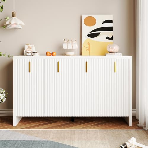 Armoire de Rangement avec 4 Portes Commode avec Séparateurs Ajustables Poignées Dorées Enfilade pour Salon Chambre à Coucher Cuisine Salle à Manger...