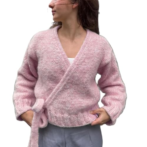 Wrap Sweater for Women Y2K Tie Front Long Sleeve V Neck Belted Cardigan Trendy Yoga Crop Knit Blouse Fall Winter