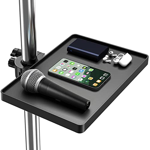 Universal Microphone Stand Tray, Adjustable Clamp-On Utility Shelf for Live Streaming Karaoke, Recording (8.7" x 6.5")