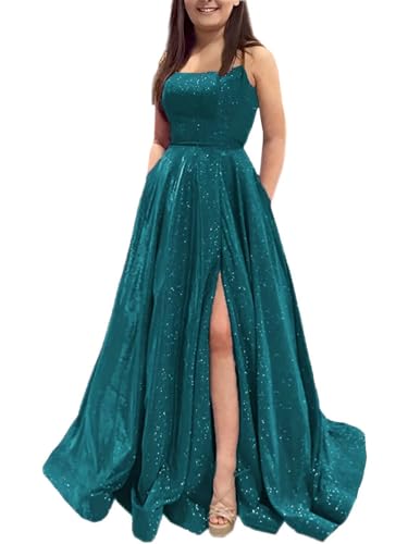 Prom Dresses Long A Line with Pockets Formal Evening Ball Gowns Side Slit Glitter Party Dress 2026 Teal
