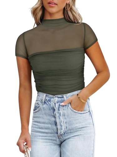Image of REORIA Women's Sexy Mock Turtle Neck Short Sleeve Shirts Sheer Mesh Ruched Trendy Going Out Bodysuits Tops