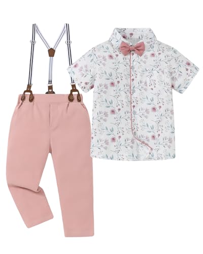 DISAUR Toddler Boy Outfit Suit Dress Shirt with Bowtie/Suspender Pants Gentleman Wedding Outfits Pink 4-5 Years