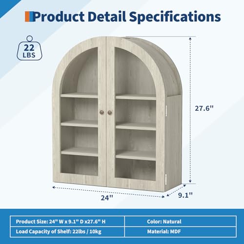 GarveeHome Small Arched Wall Cabinet with Acrylic Doors & Adjustable Shelves, Modern Natural Wood Wall-Mounted Storage Cabinet for Kitchen, Bathroom, Laundry Room, Compact & Space-Saving- Gray