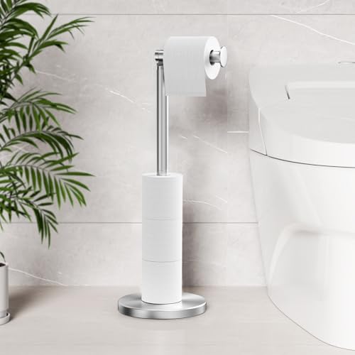 Cesun Toilet Paper Holder Stand Free Standing, Sliver Toilet Paper Storage with Heavy Weighted Base, Bathroom Stainless Steel Toilet Paper Roll Holder, Non-Slip, Sliver Silver