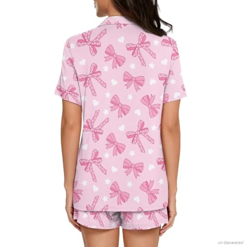 Image of Renewold Button Down Womens Pajama Set Short Sleeve Loungewear Bow Nightwear Sleepwear Night Suit Tops Shorts 2 Pieces