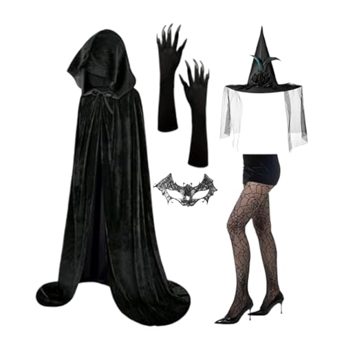 Costume de sorcière femme pour Halloween et soirée gothique avec cape et masque dentelle