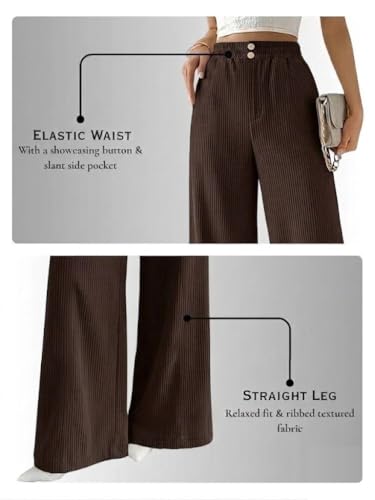 Image of SMOWKLY Authentics Women's Trendy Casual Corduroy Stretchable Baggy Loose Korean Trouser with Pockets || High Rise Elastic Waist Going Out Lounge Pants || Wide Leg Summer Pants for Woman
