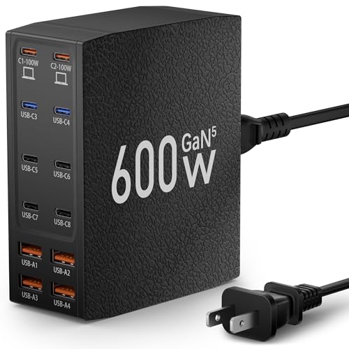 Leather Texture 600W USB C Charger Block, 12 Port Fast USB C Charging Station Dual PD 100W Laptop Charger Adapter for Multiple Devices Compatible for MacBook Pro/Air,iPhone,iPad,Galaxy,Dell (Black)