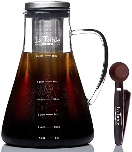 Cold Brew Coffee Maker and Tea Maker - Large 1.5L/50oz - Bonus Spoon - Glass Loose Leaf Iced Tea Infuser & Ultra Fine Double Mesh Stainless Steel Filter, Dishwasher Safe, Coffee Fresh For 2 Weeks