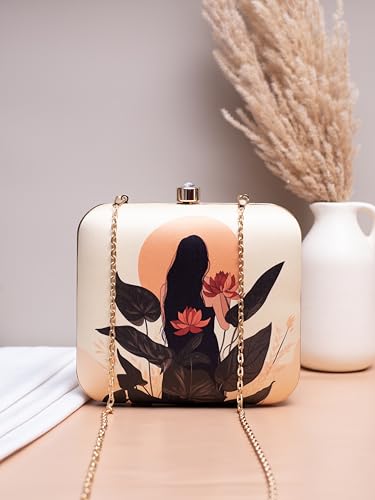 Image of Artklim Printed Box Clutch for Girls - Cross Body Purse with Detachable Golden Chain Strap
