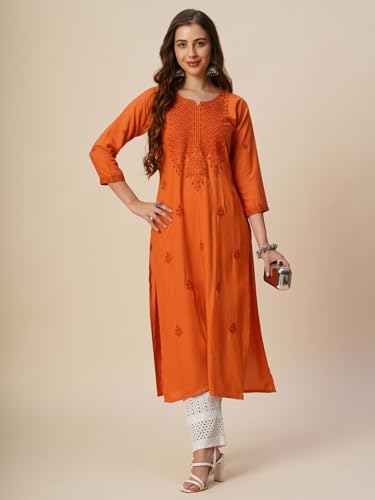 Image of RATAN Rayon Straight Lucknowi Chikankari Ethnic Wear Kurta for Women