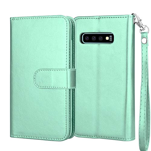 Njjex Wallet Case For Galaxy S10 Plus, For Galaxy S10+ Case, Pu Leather [9 Card Slots] Credit Holder Folio Flip [Detachable][Kickstand] Magnetic Phone Cover & Wrist Strap For Samsung S10 Plus [Mint] #TOP6