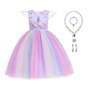 AOMIG Disfraz Unicornio Niña, Vestidos Unicornio Niña con Collar, Pulsera, Pendientes y Anillos, Disfraz Princesa Niña de Tul, Disfraz Niña Halloween Cosplay Cumpleaños Carnaval Fiestas Boda (D-150cm)