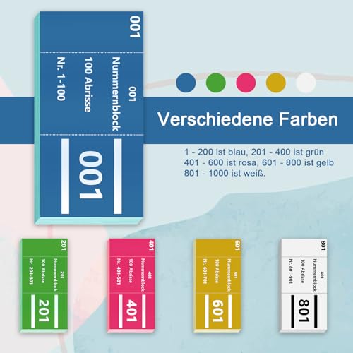 10 Books Double Numbers 1-1000 Numbers 5 Colours 5 x 10 cm Number Pad Number Pads Tombola Number Pad Paper Loose Tombola Numbered Tears Double Number Pad Blue Green Pink Yellow White - Image 4