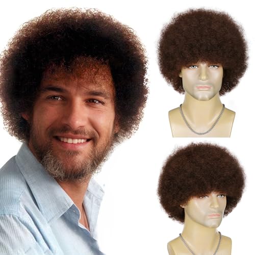 TOPHR 70S 80S Brown Afro Men Wig for Painter Costume Bob Ross wig for Men or Women Cosplay Halloween Party Use