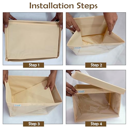 Image of JD Fresh Foldable Cloth Cover Storage Box With Lid /Wardrobe Clothes Organizer /Storage Basket /Space Saving Storage /Collapsible Clothes Organizer /Cupboard Storage Box for Shirts, Pants- Beige Pack of 10