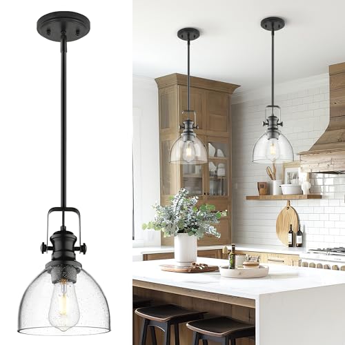 Image of 7.5 inch Black Pendant Lights Kitchen Island, Seeded Glass Shade | Farmhouse Vintage Hanging Light for Dining Room, Clear Seeded Glass Shade, Adjustable Height Rod, E26 Base, AD-22151-1P-BK-G