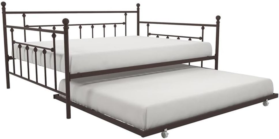Pemberly Row Victorian Metal Daybed with Trundle, Bronze Finish, Queen Daybed and Full Trundle, Classic Finial Design, Sturdy Frame, Multi-Functional for Guests or Small Living Spaces, 84 x 63 x 41.5