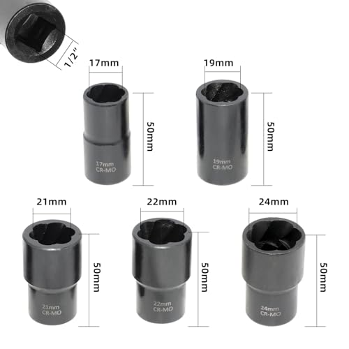 Image of DPTOOL Lug Nut Remover Socket Set, Wheel Locking Stripped Nut Extractor Old Rusted Damaged Emergency Bolt Remove Twist Socket 17mm 19mm 21mm 22mm 24mm