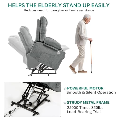 DWVO Power Lift Recliner Chair with Massage & Heat, Modern Fabric Recliner Chair, Spacious Fabric Seat, USB Ports, Cup Holders & Remote Control for Living Room, Light Gray