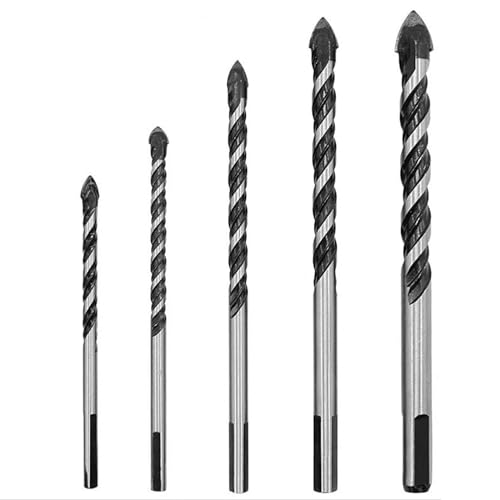 Masonry Drill Bit Set (5PCS) for Glass/Brick/Plastic/Cement/Wood/Tile/Etc, 3/16 to 1/2 Inch Drilling Bits with Triangle Handle, Industrial Strength Carbide Drill Bit Tip