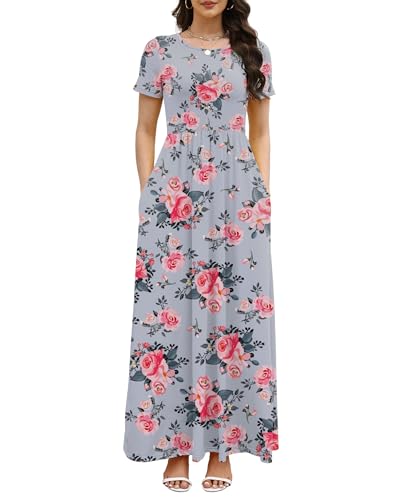 Image of COSSEN Women's Crew Neck Short Sleeve Maxi Dress with Pockets Casual Loose Swing for Wedding Guest Beach Vacation