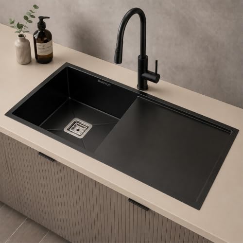 Image of Kitchen Sink 37x18x10 Inch Single Bowl With Drain Board Black 304 Stainless Steel Handmade Sink for Kitchen Basin Including Coupling Fruit Tray Hose Pipe Kitchen Sinks