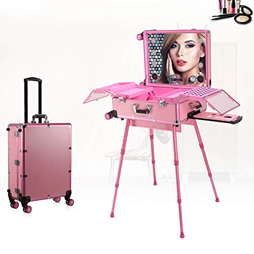 Preisvergleich Produktbild HLDWXN Kosmetikkoffer Trolley Visagistenkoffer Makeup Beauty Case Schminkkoffer Schminktisch Kosmetikspiegel Beleuchtung,Bluetooth,Halber Touchscreen,Für Make Up Reise Friseur Koffer Trolley,Rosa