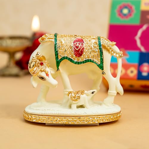 Image of Ekhasa 24K Gold Plated Kamdhenu Cow with Calf Idol Gift Box | Handpainted Gomatha Statue for Pooja Room Home Decor | Vastu Feng Shui Religious Housewarming Griha Pravesh Diwali Gift