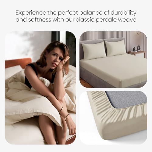 Image of Haus and Kinder Double Bedsheet, 300 TC 100% Organic Cotton Percale Weave, Fitted Bedsheet for Double Size Bed with 2 Pillow Covers - Marrow Stitch Detaling (Coastal Calm, 60 inchx78 inchx10 Size)