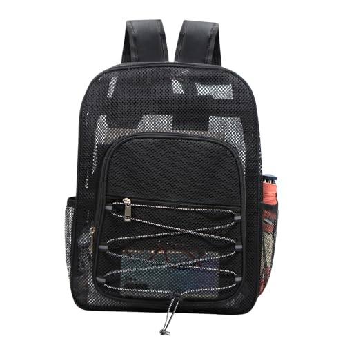 Long Keeper Mesh Backpack Heavy Duty See Through Bag Net Daypack Semi Transparent Backpack Bookbag for Travel Beach Outdoor (Black)