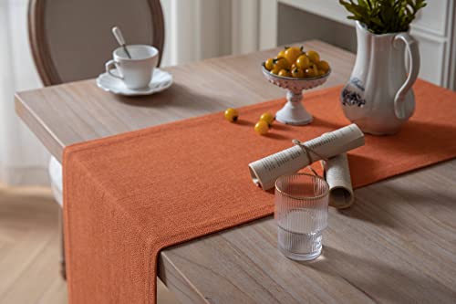 Image of ZeeMart Burlap Style Farmhouse Table Runners 90 Inches Long, Burnt Orange Rustic Woven Dining Table Runner for Everyday Use, 14x90 Inches, Harvest Pumpkin