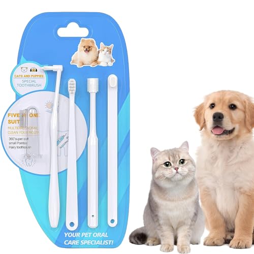 Image of 5Pcs Dog & Cat Toothbrush Kit - Manual, Reusable, White, Nylon Bristles - 360 Rotating, Finger, Soft, Tapered & Regular Brushes - Dental Care for All Pets