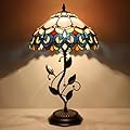 LXHCYOU Tiffany Table Lamp, Pink Stained Glass Desk Light, W12H19 Inch, Metal Leaf Base (Pink Baroque Style)
