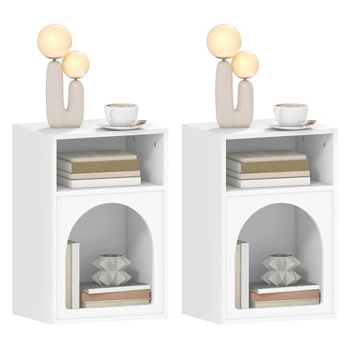 HOMCOM Lot de 2 Tables de Chevet, Table de Nuit avec Compartiments Ouverts, Design arqué, Chevet de lit pour Chambre à Coucher, Salon, 40 x 30 x 60 cm, Blanc