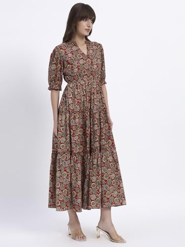 Image of Women's Fit and Flare Dress I Pure Cotton Long Summer Maxi Dress I V-Neck I Casual Wear I Printed Kalamkari Floral Middi