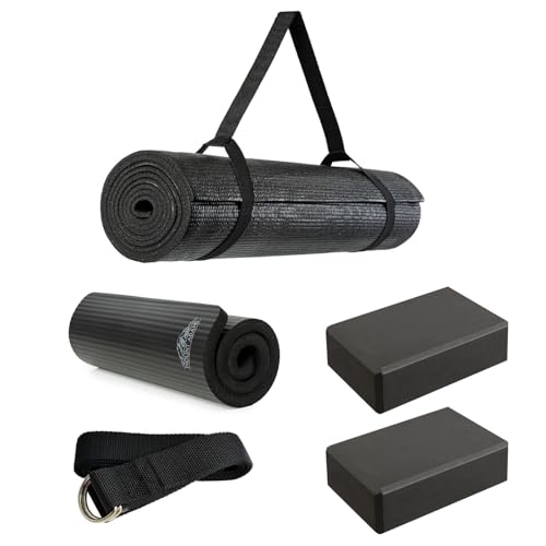Hello Fit 6-Pack Studio Exercise Starter Kit - 1 Black Yoga Mat with Carry Strap (72" x 24" x 5mm), 1 6ft D-Ring Yoga Strap, 2 3" Yoga Blocks, 1 Knee Pad - Yoga Accessories for School, Studio, Home