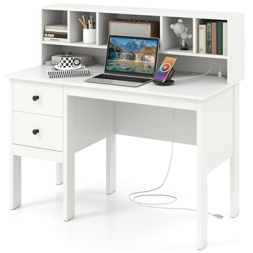 Tangkula White Desk with Drawers & Hutch, Modern Home Office Desk Writing Study Desk with Charging Station, Laptop Desk with 5 Storage Compartments, Computer Workstation Makeup Vanity Desk