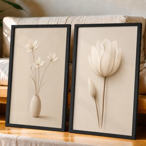 Image of NoWorries Minimal Lotus Flower Wall Painting Set of 2 with Frame | Soft White Floral & Vase Botanical Artwork, Neutral Beige Nature Wall Decor for Living Room, Bedroom, Office and Home Decoration (Art-15, 17x25inch)