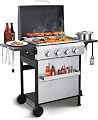 GRILL DEPOTS 4-Burner Propane Gas Grill Griddle Combo – 40,000 BTU BBQ Grill with Lid, Stainless Steel Plancha & Cast Iron Cooking Grids, Foldable Side Tables – Outdoor Backyard