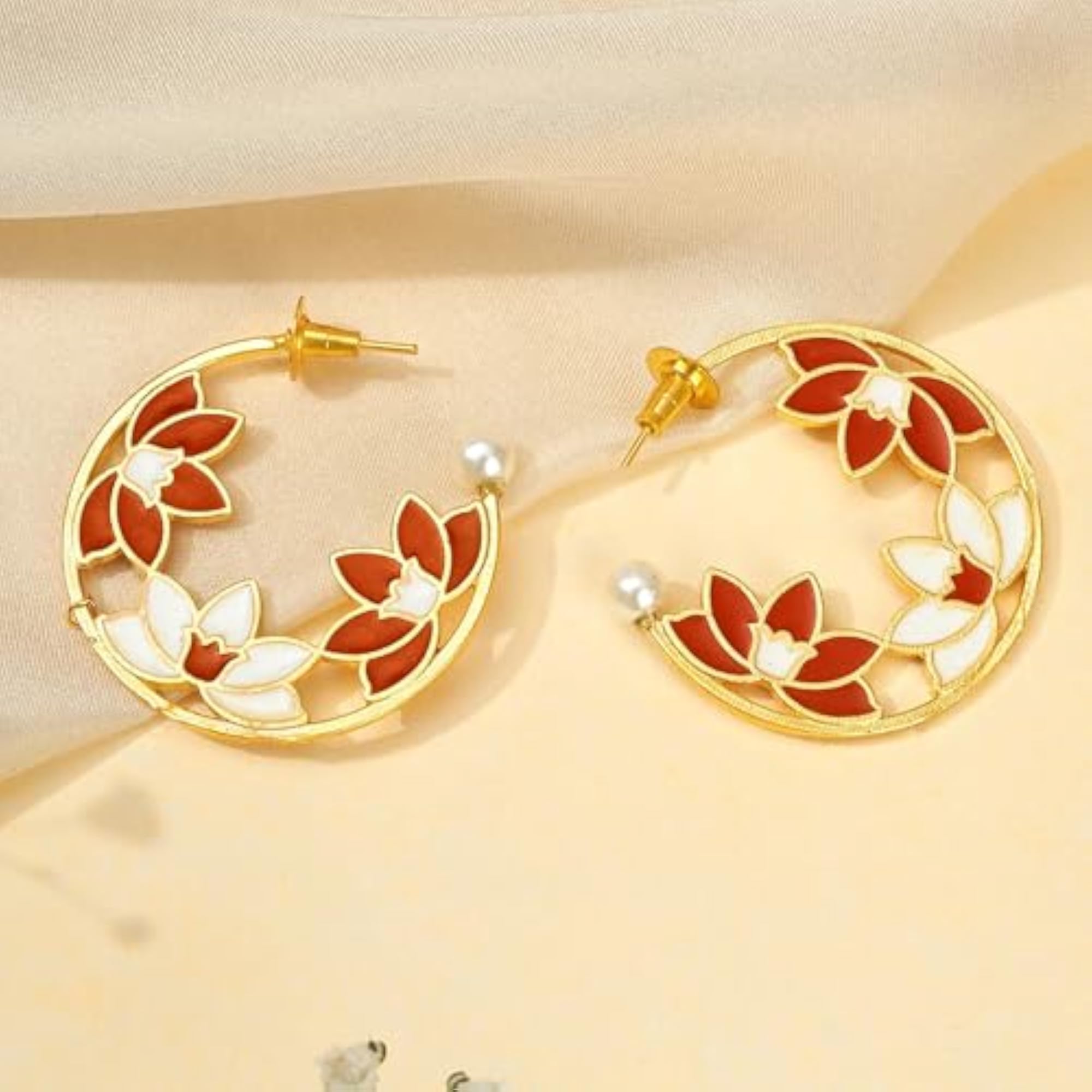 Women's Stylish Half Hoop Red Lotus Earrings
