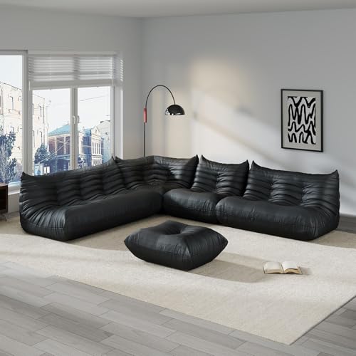 Comfy Lazy Floor Sofa Couch,Soft Armless Chair,Corner Faux Leather Lounge Chair,Leather Fireside Relax Sofa Couch for Living Room Bedroom,Salon Office,Adults(Corner+3P++2P+1P+Ottoman)