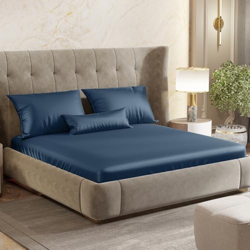 haus & kinder Satin Bedsheets, King Size Bedsheet, 300 TC Premium Satin Elastic Fitted King Size Bed Sheet (72 X 78 X 10 Inches) with 2 Pillow Covers, Elegance and Comfort redefended -Deep Ocean Blue