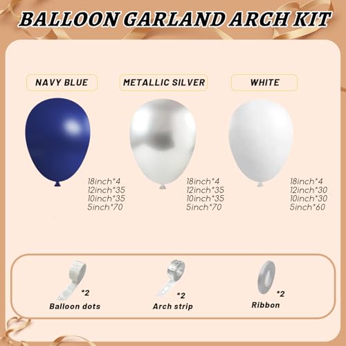 Image of 412Pcs Navy Blue and Silver Balloons Arch Garland Kit,5 10 12 18 inch Navy Blue White Silver Balloons for Birthday Wedding Graduation Anniversary Decorations